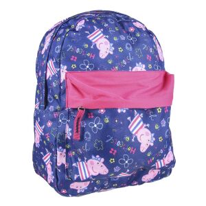 Peppa Pig hátizsák rózsaszín elülső zsebbel és kék háttérrel, Peppa Pig karakterekkel. - Cerdá