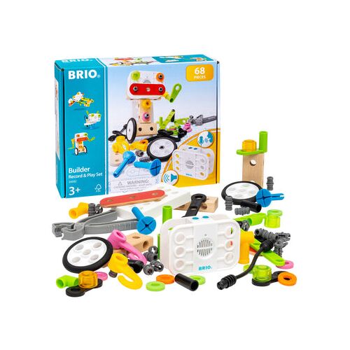 BRIO Builder Record & Play készlet, 68 darabos fa építőjáték 3 éves kortól, tartalmaz felvevő és lejátszó egységet, szerszámokat és építőkockákat