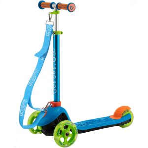 Der Trunki faltbare Roller wird in seiner zusammengeklappten Position gezeigt, mit dem blauen Deck, den grünen Rädern und dem orange-blauen Trunki-Logo - Elektrofahrzeug, Dreiräder, Laufräder und Kinder-Roller