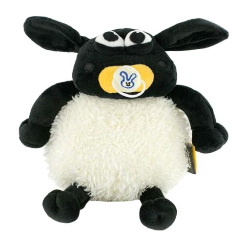 Shaun a bárány Timmy plüss játék, 25 cm, puha, bolyhos, fekete és fehér, ülő, elülső nézet - Plüss