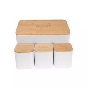 Sada boxov na chlieb Klausberg KB7483, biely box na chlieb s bambusovým vekom, 3 boxy na čaj, kávu a cukor, skladovanie v kuchyni - Klausberg