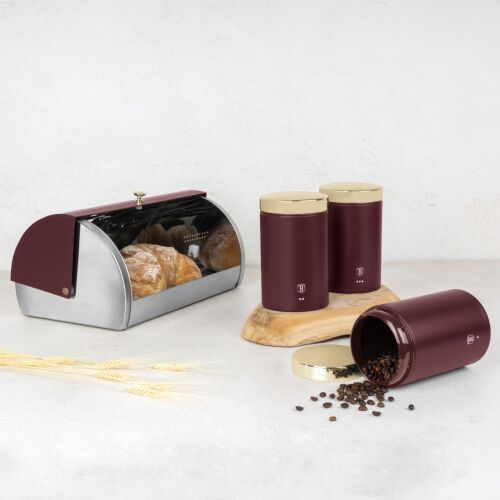 Berlinger Haus Leonardo collection bread box with 3 canisters, burgundy, stainless steel