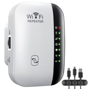 Lemaro® Repeater Wireless, amplificator de semnal WiFi, extindeți raza de acțiune WiFi, 300Mbps, 802.11n b.g., 2.4GHz WLAN, WPS, port LAN, antene integrate, ideal pentru casă și grădină, organizator de cabluri inclus - Routere Wi-Fi, adaptoare