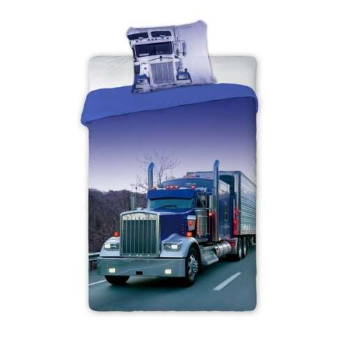 Kamionos ágynemű szett gyerekeknek, kék kamion mintával, 100% pamut, 70x90 cm-es párnahuzat, 140x200 cm-es takaróhuzat