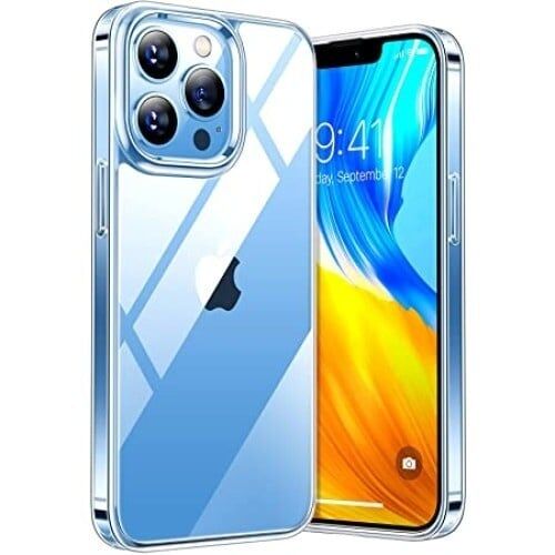 iPhone 14 Pro Max tiszta TPU tokban, a telefon elülső és hátulsó része látható - Telefon