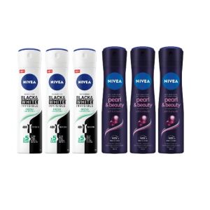Szett 6 X Nivea izzadásgátló Woman Deo 150 ml, 3 X Black&White Invisible Fresh, 3 X Pearl&Beauty, 0% alkohol, nem irritáló, 48 órás védelem 129365906