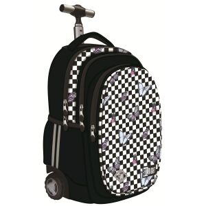 Batoh ST.Right Trolley, kolekcia Chessboard Butterflies, čierno-biela, s kolieskami, do školy - Školské tašky