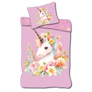 Lenjerie de pat cu coroană de unicorn 140x200cm, design floral cu unicorn - Lenjerie de pat