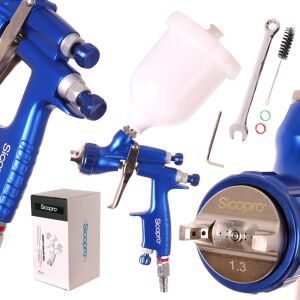 Koláž striekacieho pištole SicoPro HVLP 1.3, zobrazujúca produkt z rôznych uhlov, ako aj krabicu a príslušenstvo - Striekacie zariadenia a systémy na farby