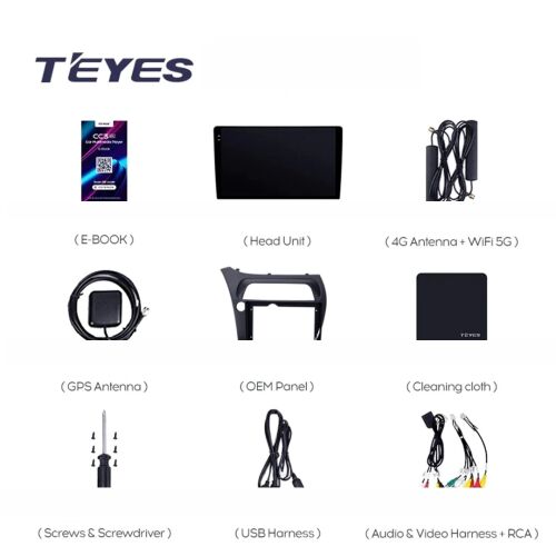 Radio auto Teyes CC3L cu accesorii, inclusiv antenă GPS, antenă 4G, cablaj USB și multe altele