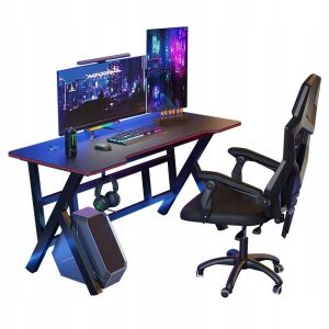 Birou negru de gaming cu suport pentru monitor, cârlig pentru căști și suport pentru carcasă PC. Birou modern pentru gameri. - Fodym