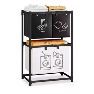 Flippy Dirty Clothes Storage Rack/Basket do łazienki, 2 półki, 3 kosze, rama ze stali nierdzewnej, 97 x 28 x 57 cm, czarny 129557791