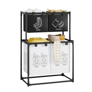 Flippy Dirty Clothes Storage Rack/Basket do łazienki, 2 poziomy, 4 kosze, rama ze stali nierdzewnej, 97 x 44 x 57 cm, czarny 129558305