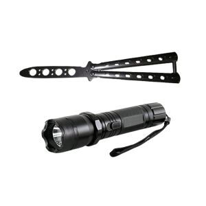 Set de autoapărare Police 1000KV cu cuțit de antrenament tip fluture și lanternă paralizantă, 22 cm, negru - Cutite si bricege