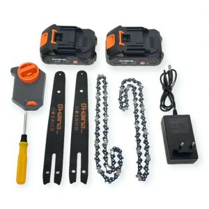 Príslušenstvo k reťazovej píle Haina HM-6800, vrátane dvoch batérií, dvoch reťazí, dvoch vodítok, nabíjačky, napínača reťaze, skrutkovača a ochranného krytu - Haina Reťazové píly