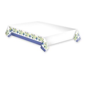 Față de masă din hârtie brodată Folk 120x180 cm, model floral, margine albastră - Fețe de masă