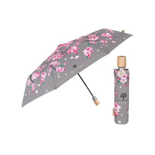 Perletti Green esernyő, Fiore Di Pesco, szürke, rózsaszín virágok, fa fogantyú, összehajtott, nyitott