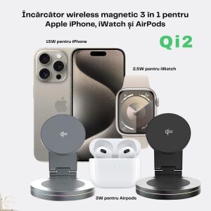 Qi2 Fast Charge 15 W vezeték nélküli töltő, 3 az 1-ben CR töltőállomás, GAS® telefonhoz, okosóra, fejhallgató, Magsafe, 360°-ban forgatható, univerzálisan kompatibilis, Összecsukható, Mágnese