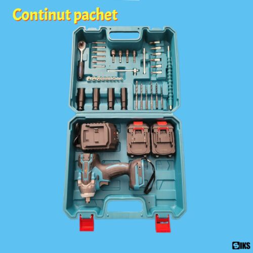 SIKS 2 az 1-ben ütvecsavarozó készlet akkuval, komplett készlet 32 tartozékkal, LED világítás, aljzat, cső, rövid fúró, fúró, hordtáska, 2 db 48 V-os elemmel, kék fekete