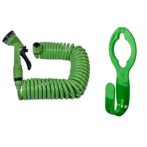 Furtun spiralat verde pentru gradina cu duza cu 4 functii, 7,5 metri lungime, include pistol, conectori si suport pentru furtun - Irigare