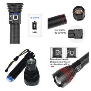 Professionelle VTM.® LED Taschenlampe, USB-Ladung, Inklusive Akkus, Batteriestatusanzeige, Beleuchtungsreichweite 500M, Perfekt für Angeln, Schutz, Camping und Jagd, Schwarz 129606678 - OEM Taschenlampen & Stirnlampen