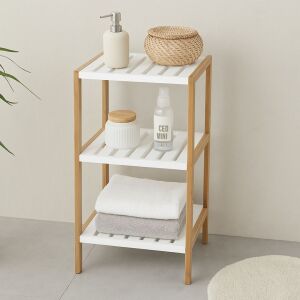 Bathroom Solutions 3-stufiger Bambus- und MDF-Regal, weiß und natur, 33x34x79 cm - Badezimmermöbel