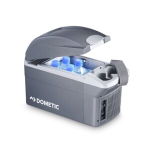 Dometic TB 08 BordBar 12V 8 literes termoelektromos hűtő, szürke, pohártartókkal és hevederrel, nyitva, palackokkal benne - Dometic