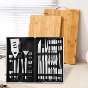 SIKS Professzionális grill eszközkészlet, 27 darabos készlet, tárolótáskával, rozsdamentes acél eszközök, tartalmaz kefét, sótartókat, késeket, villákat, nyársakat, fogókat - SIKS