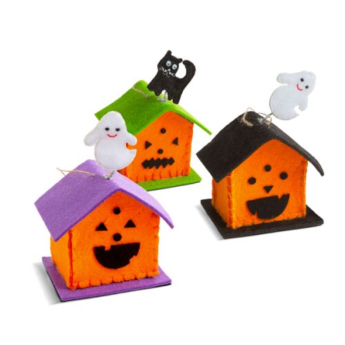 Sada troch Halloweenskych Textilných Domčekov Dekorácií s Duchmi a Čiernou Mačkou