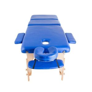 Kék 3 részes összecsukható masszázságy fa vázszerkezettel, fejtámlával, kartámaszokkal és arckivágással - Masszázságy