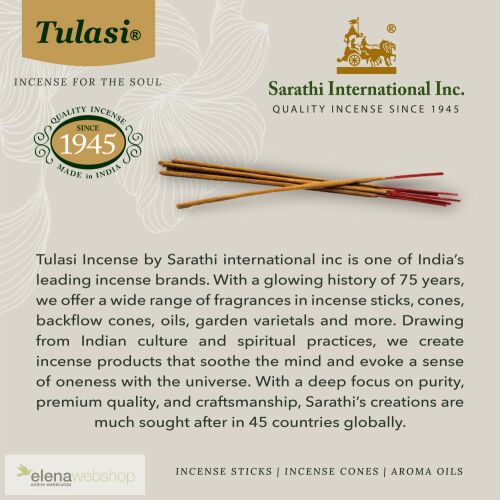 Tulasi Szantálfa illatpálcikák a Sarathi International Inc-től, egy vezető indiai illatgyártótól, amely több mint 75 éve kínál széles választékot illatpálcikákból, kúpokból, visszafolyó kúpokból, olajokból és még sok másból - Füstölő