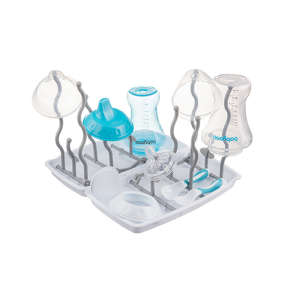 BabyOno bottle and nipple drying rack, white and blue, with bottles and nipples - Feeding