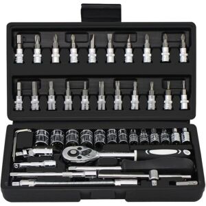 Macvi® szerszámkészlet háztartási és autóipari használatra, csavarhúzó, csőhúzó, hosszabbító, racsni, 46 db