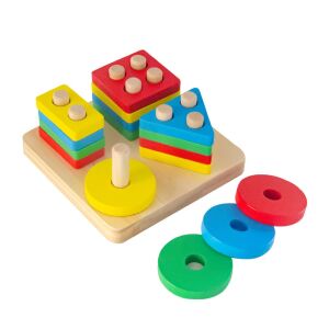 Macvi® rendező játék gyerekeknek, 16 darab, geometriai formák, 4 rendező oszlopok