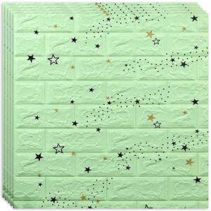 10 darabos készlet öntapadós 3D tapéta, kívülről puha hab, modern design, bármilyen térbe illeszkedik, vízálló, méret 70x77, Macvi®, Zöld csillagok tégla minta