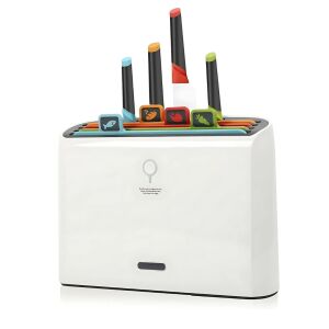 4 darab Macvi® aprító és 4 darab Macvi® kés készlet, integrált tartó, helytakarékos, tisztító és szárító funkcióval, ideális a konyhában.