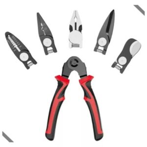 Macvi® 5 az 1-ben multifunkciós szabadalmaztatott készlet, acélból, kábelvágó, drótcsíkozó, fogó, krimpelő, vágó, olló, tároló tasakkal, nyomódásgátló fogantyúval és ergonomikus kialakítással.