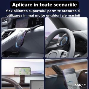 Macvi® autós telefontartó rugalmas alumínium ötvözetből készült karral, MagSafe kompatibilis, öntapadós rögzítés, fekete színű