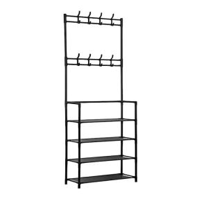 Macvi® Multifunkcionális cipőszekrény cipőállvánnyal és fém polcokkal, ruha- és lábbeliszervező, 4 cipőpóznával, tartozéktartóval és kampókkal, vékony kialakítással előszobába vagy hálószobába.