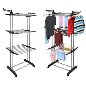 Macvi® függőleges ruhaszárító, 3 szárítási szint, mobil és összecsukható, akasztóval, fekete színű 129642050 - Macvi