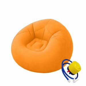 Felfújható karosszék Macvi® Lazy Bag, pumpával, 110x110x85 cm, maximális kényelem, hordozható, beltéri és kültéri használatra, narancssárga színben.