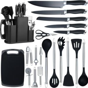 20 darabos konyhai eszközök és evőeszközök készlete Macvi® tartóval, szeletelővel, szilikon evőeszközökkel, késekkel, vágódeszkával és főzési kiegészítőkkel