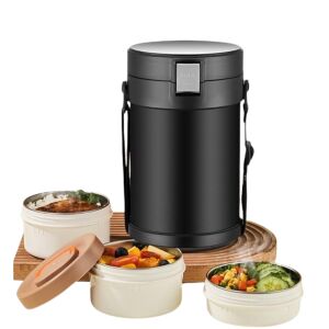 Macvi® termikus lábas, rozsdamentes acél 304, 2,3 literes, 3 rekeszes, légmentesen zárható, evőeszközökkel együtt, fekete színű