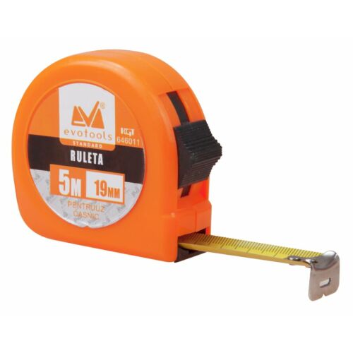 Evotools Standard 5m mérőszalag, 19mm széles, narancssárga, fekete markolattal és fém kampóval - Mérőszalag