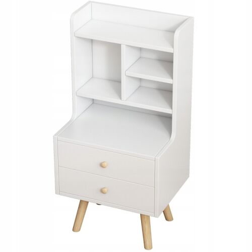 Moderný biely nočný stolík s policami a dvomi zásuvkami, škandinávsky dizajn