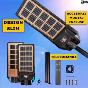 SIKS Slim 300 W napelemes utcai vagy kerti lámpa monokristályos napelemmel, kültéri, 318 LED COS technológia, 3200LM, 20,3 W/5 V, semleges fény, távirányító, mozgás- és fényérzékelők, rögzítő 136258458 - SIKS