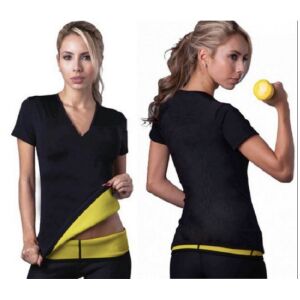 SIKS fekete neoprén alakformáló póló nőn viselve, oldal és elölnézet - Alakformálás