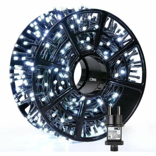 SIKS 100m Karácsonyi fényfüzér, Hideg Fehér LED, Fekete vezeték, Beltéri/Kültéri