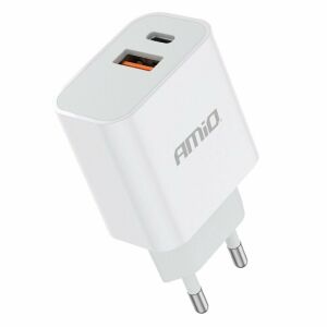 Amio 2 portos hálózati töltő USB-A és USB-C csatlakozókkal, 20W gyors töltés, fehér - AMiO