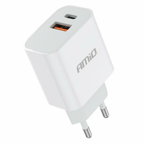 Amio 2 portos hálózati töltő USB-A és USB-C csatlakozókkal, 20W gyors töltés, fehér